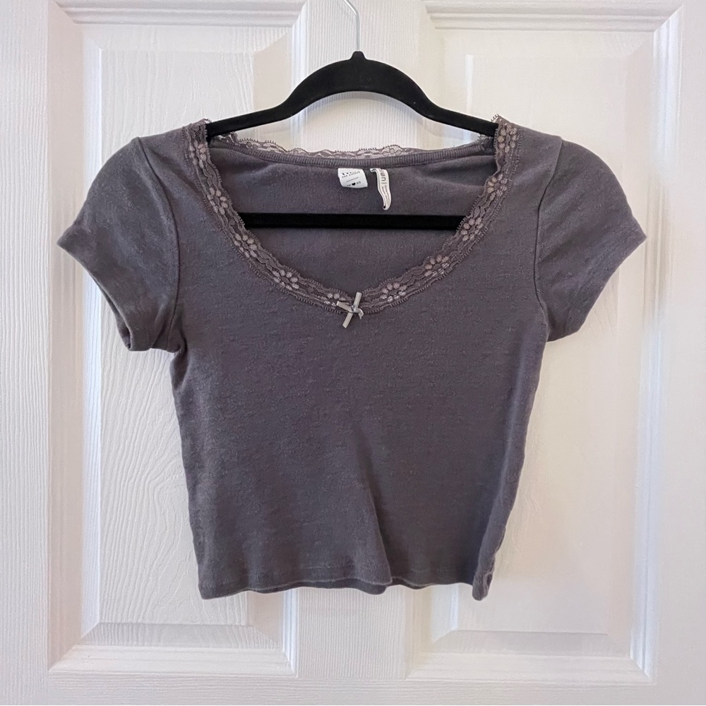 Twik Gray Crop Top with Lace Trim